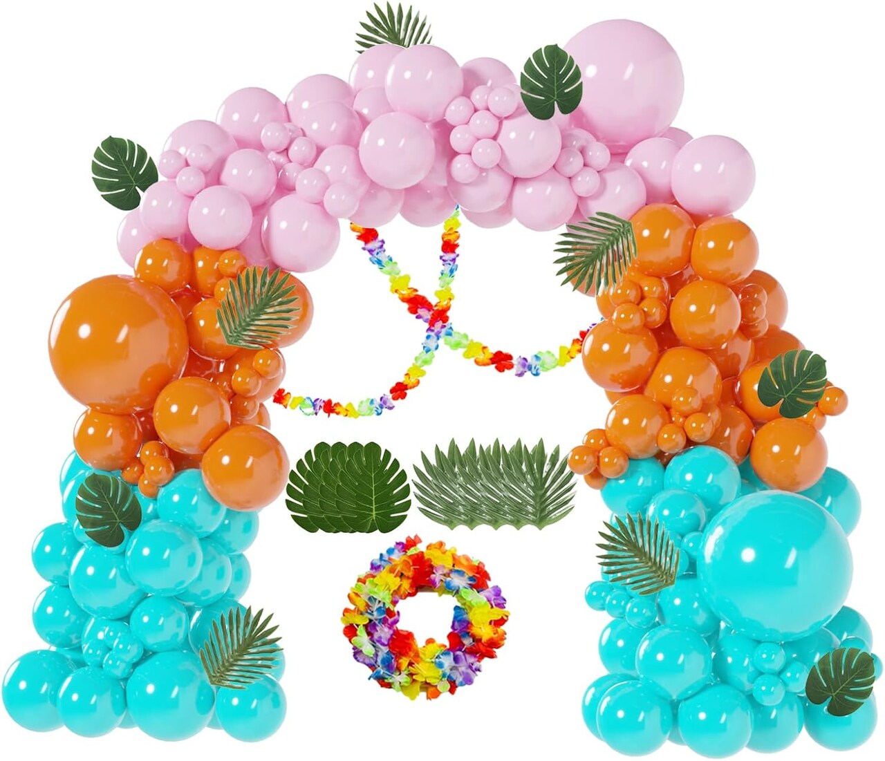 127PCS Tropical Balloon Arch Garland Kit, Teal Blue, Pink & Orange Balloons with Tropical Garland, Ocean & Hawaiian Theme Decorations